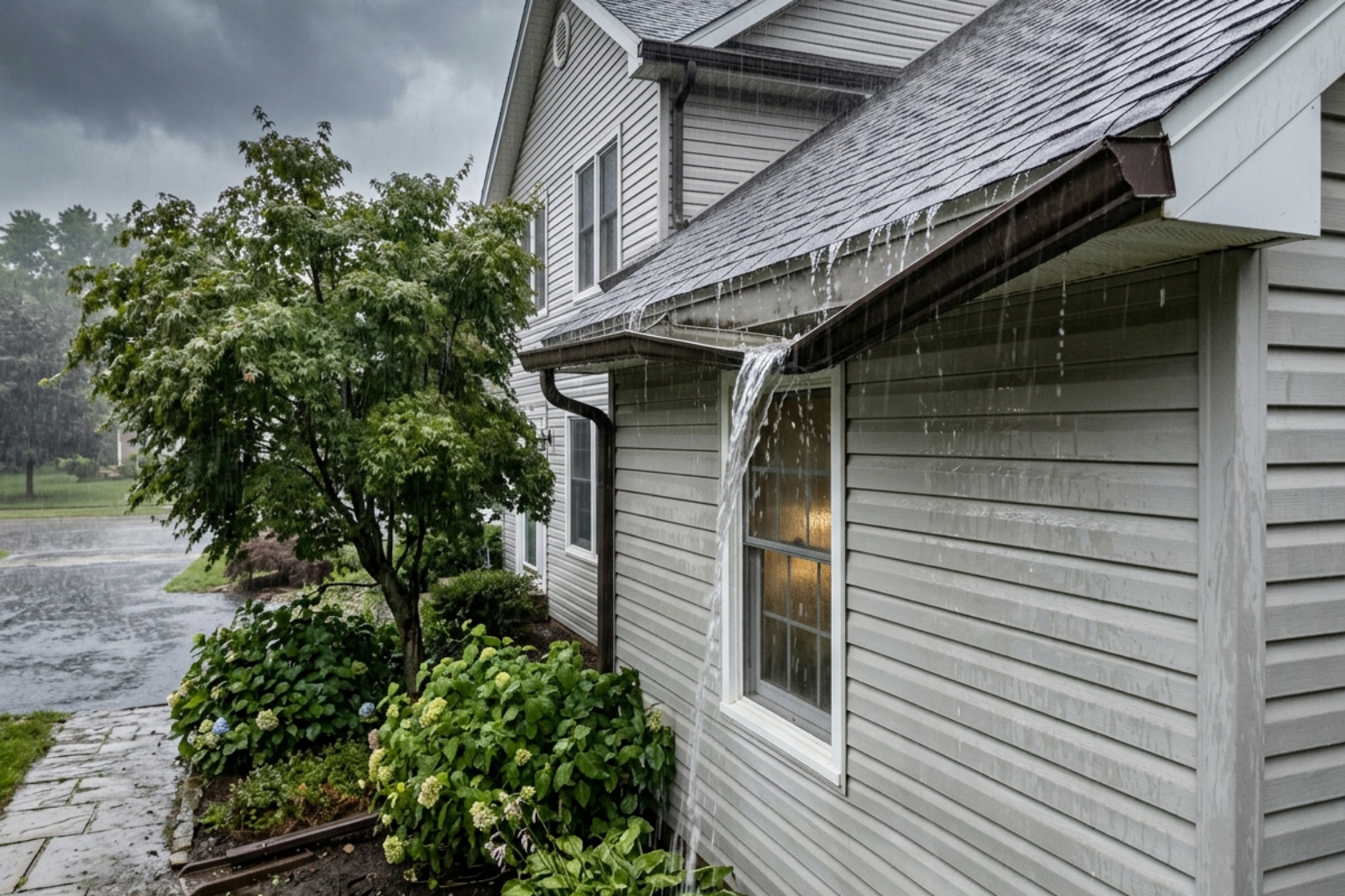 Sagging gutters with water overflow during a rainstorm - professional gutter repair services Sagging gutters with water overflow during a rainstorm - professional gutter repair services