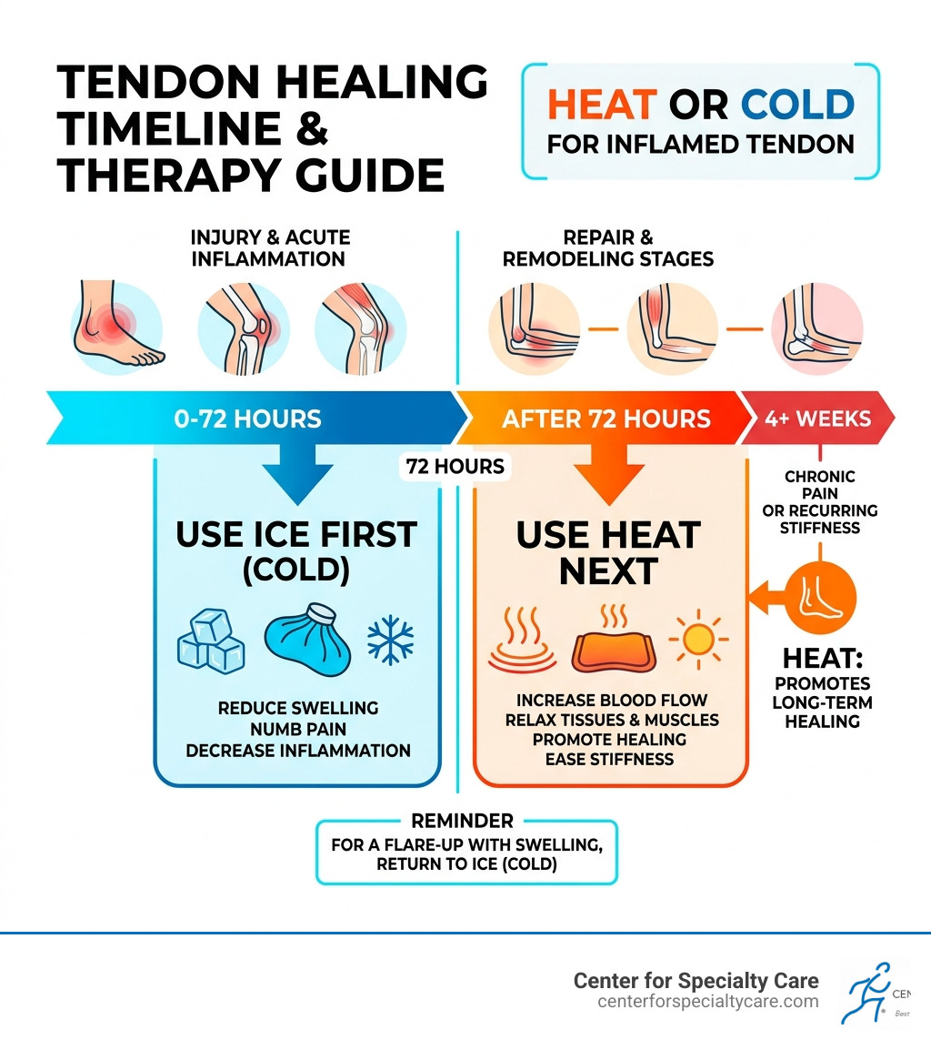 Infographic showing tendon healing timeline: ice first 72 hours, heat after, with recovery stages - heat or cold for Infographic showing tendon healing timeline: ice first 72 hours, heat after, with recovery stages - heat or cold for