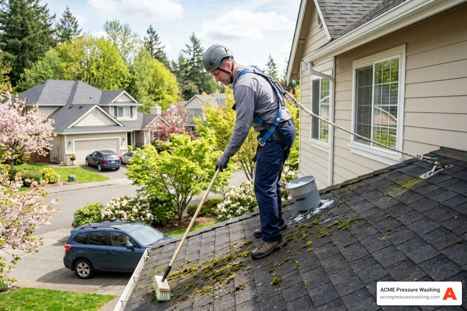 homeowner using a soft-bristle brush on shingles - safe moss removal techniques