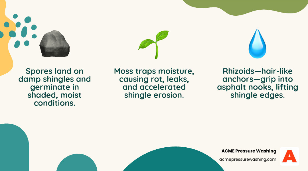 Moss growth cycle on home surfaces showing spore landing, rhizoid attachment, moisture retention, and shingle damage stages