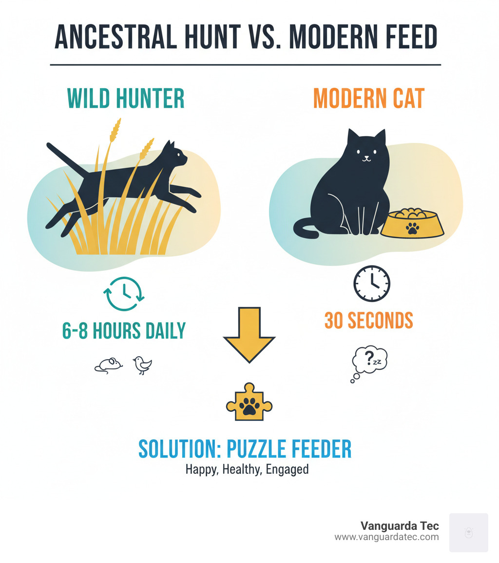 Infographic comparing ancestral cat hunting 6-8 hours daily vs modern bowl feeding in 30 seconds - DIY cat puzzle feeder