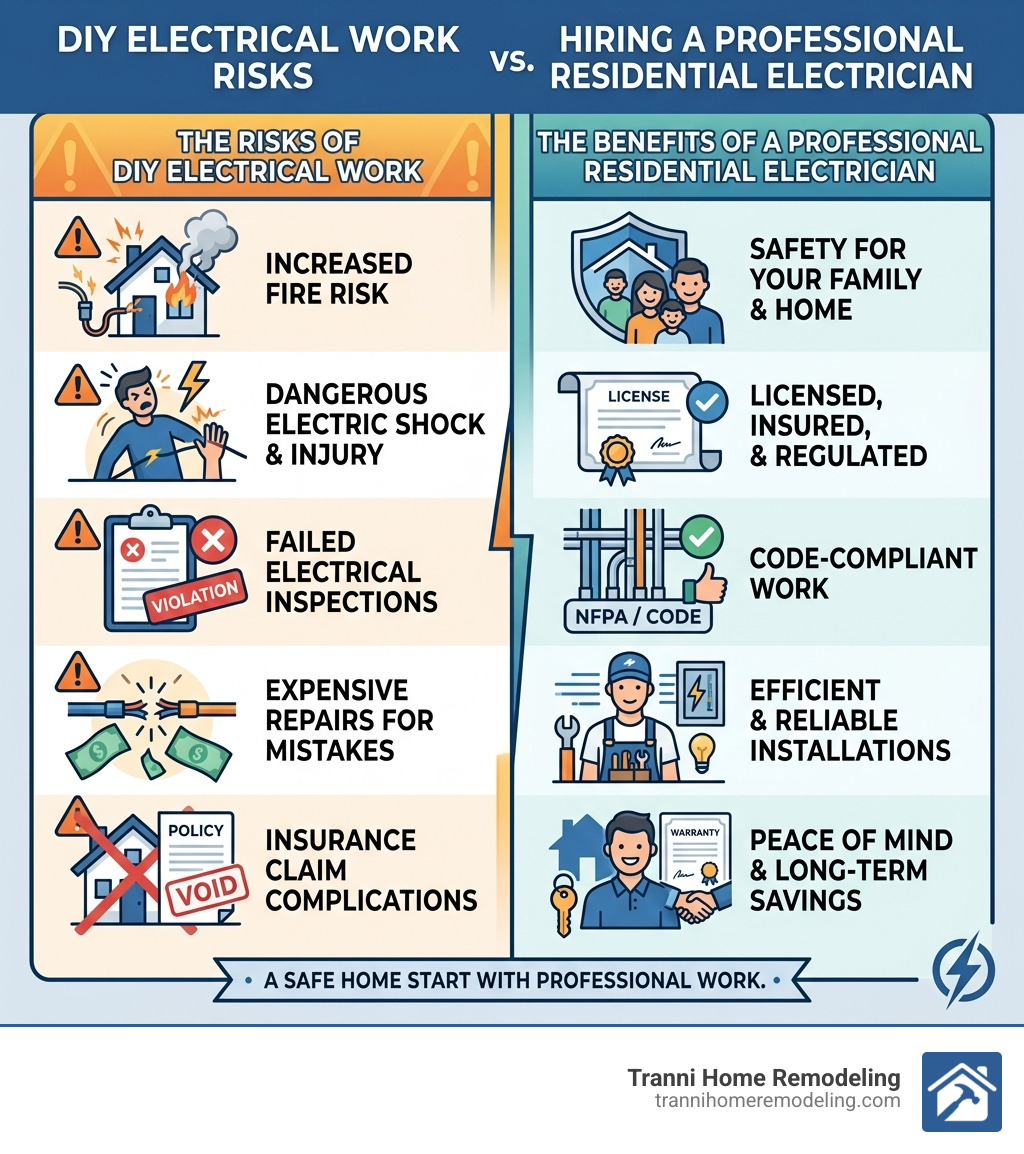 DIY electrical work risks vs. hiring a professional residential electrician infographic - residential electrician