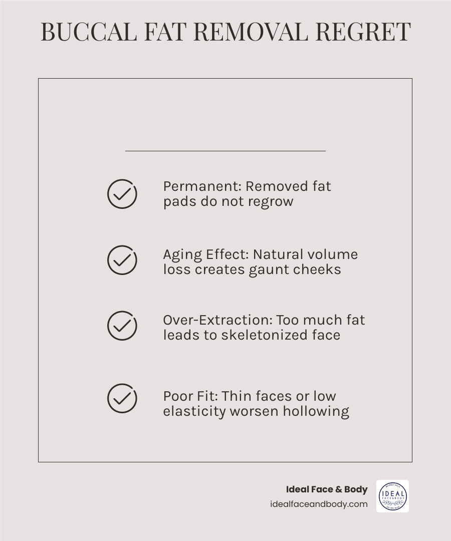 Infographic showing buccal fat pad location, causes of regret, and volume loss over time - buccal fat removal regret Infographic showing buccal fat pad location, causes of regret, and volume loss over time - buccal fat removal regret