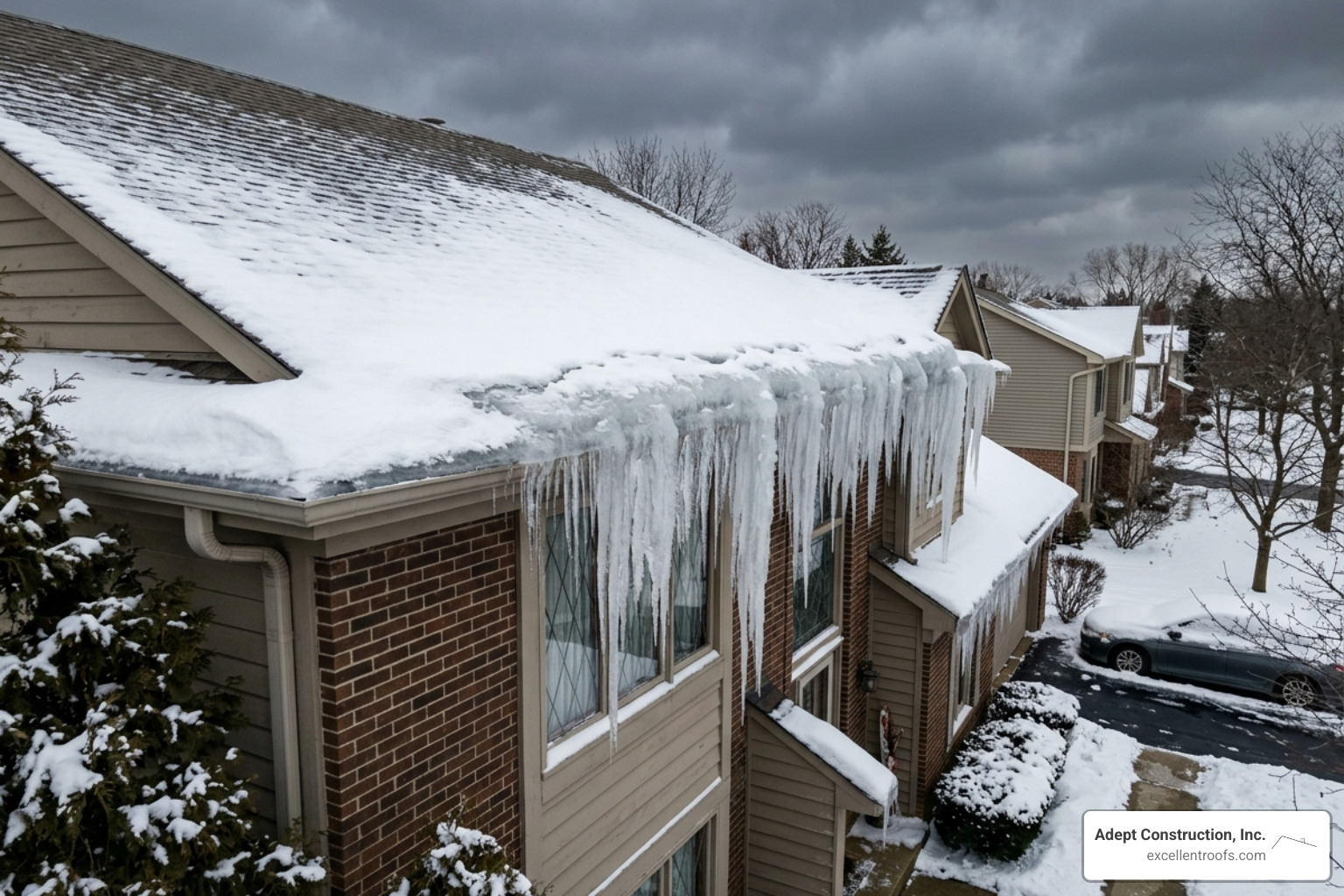 ice dam buildup on a Naperville home during winter - roofer naperville il