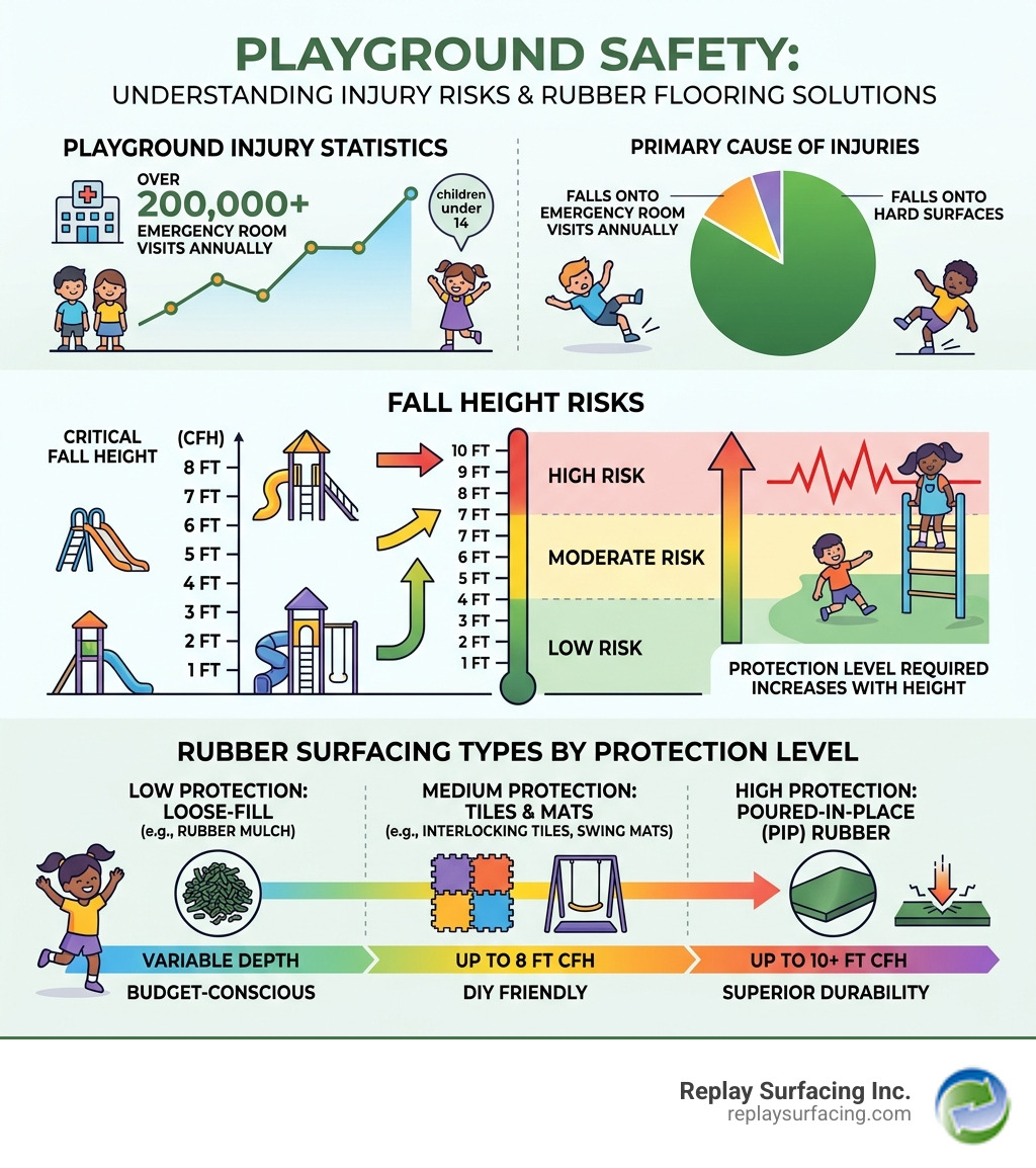 Infographic showing playground injury statistics, fall height risks, and rubber surfacing types by protection level