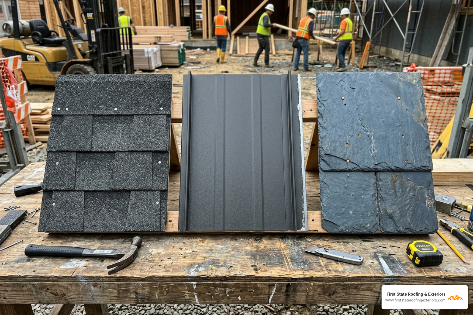 samples of asphalt shingles metal roofing and slate tiles - how much does a new roof cost