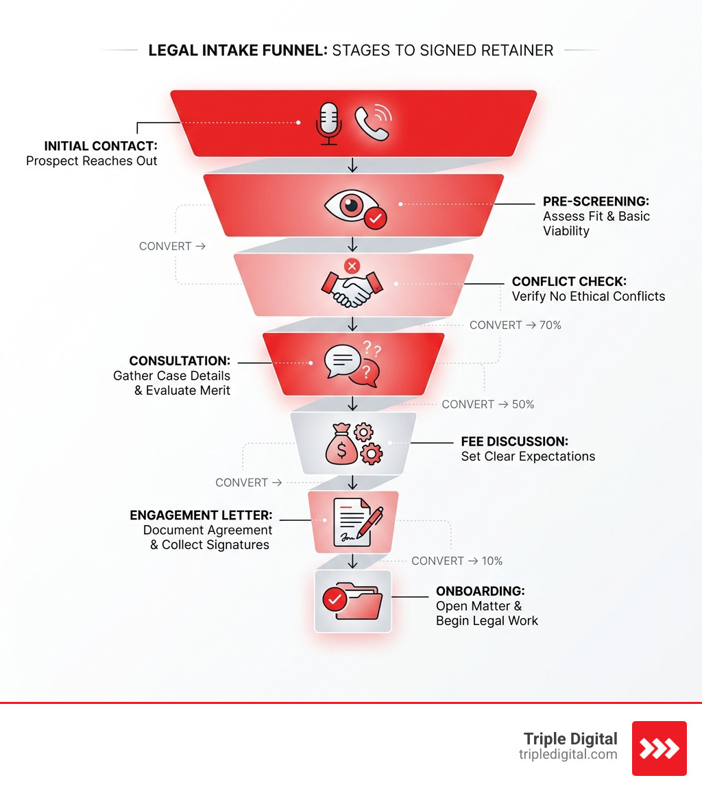 Legal intake funnel from first contact to signed retainer, showing conversion stages - legal intake process infographic Legal intake funnel from first contact to signed retainer, showing conversion stages - legal intake process infographic