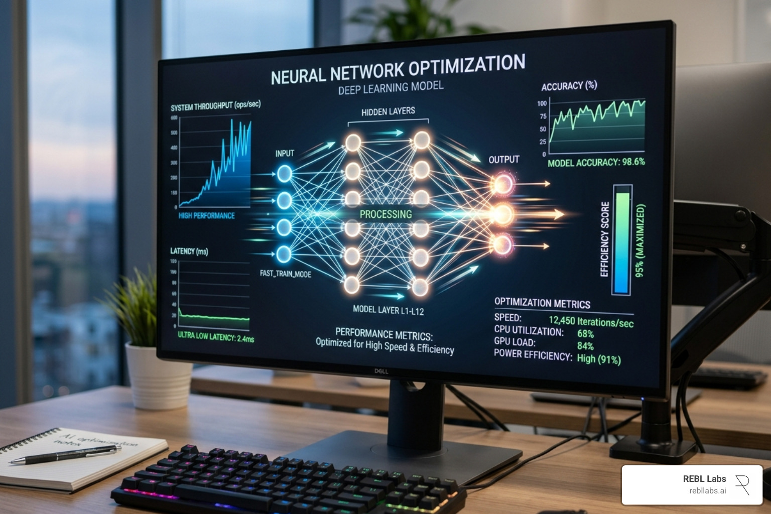 A neural network being optimized for high performance and speed - AI efficiency solutions A neural network being optimized for high performance and speed - AI efficiency solutions