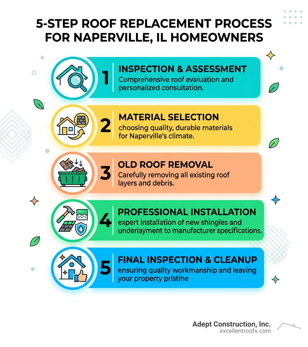 5-step roof replacement process infographic for Naperville IL homeowners - roofer naperville il infographic 
