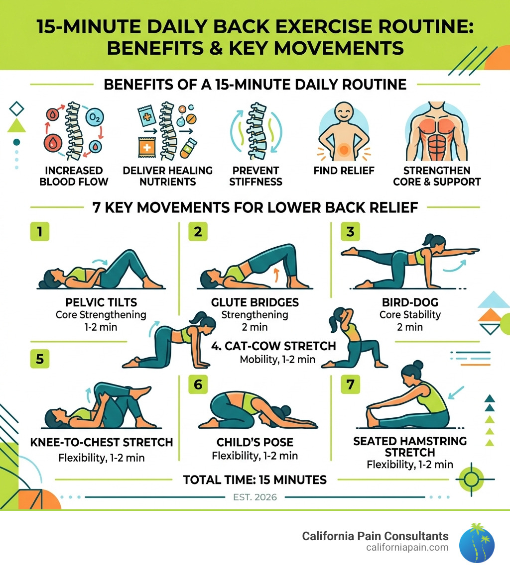 Infographic showing 15-minute daily back exercise routine benefits and key movements - exercise for lower back pain