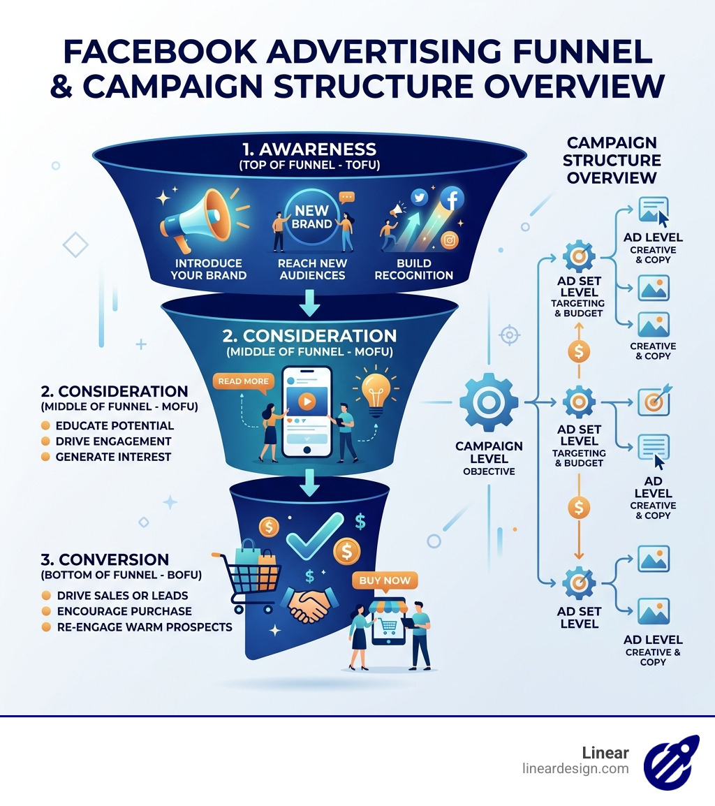 Facebook advertising funnel from awareness to conversion with campaign structure overview - facebook ad management