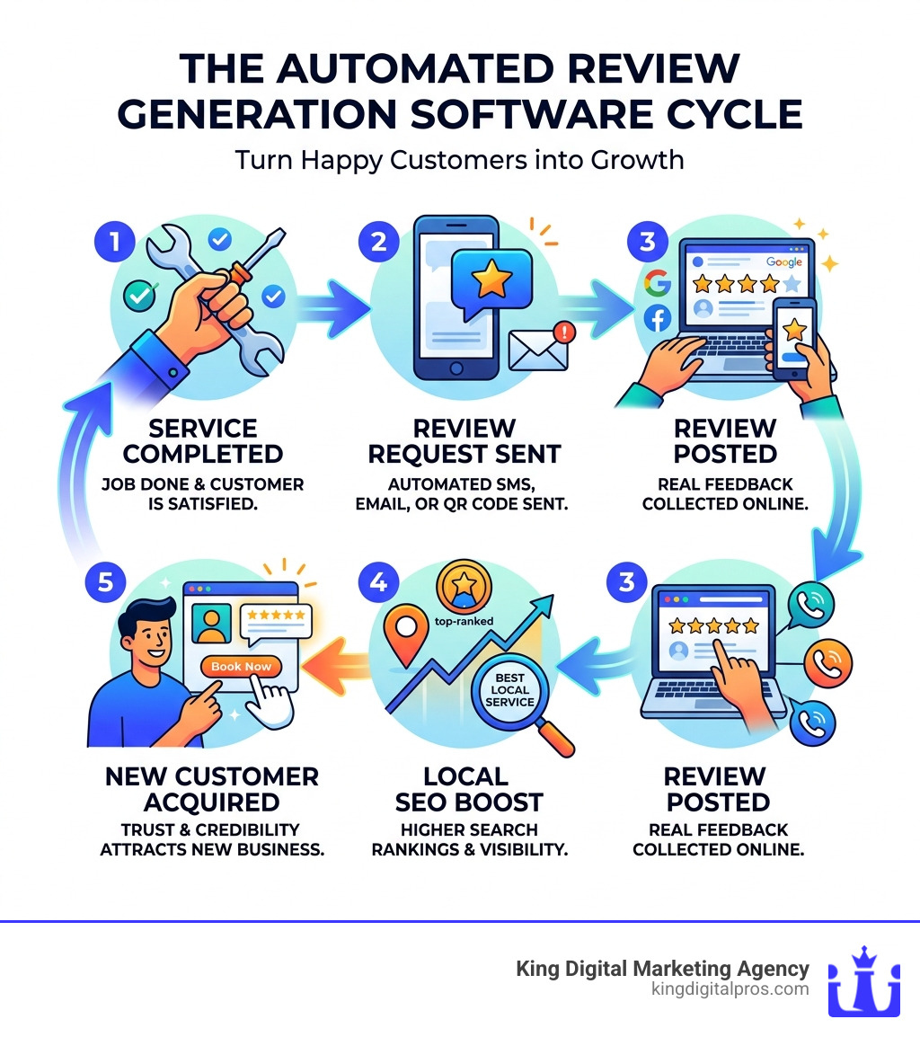 Automated Review Generation Software Cycle: Service Completed, Review Request Sent, Review Posted, Local Seo Boost, New