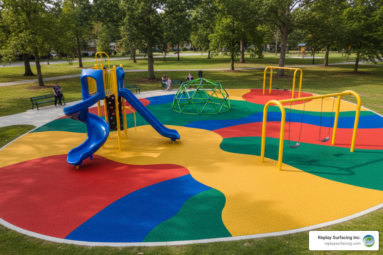 A seamless poured-in-place rubber installation in a bright, multi-colored pattern - playground rubber flooring near me