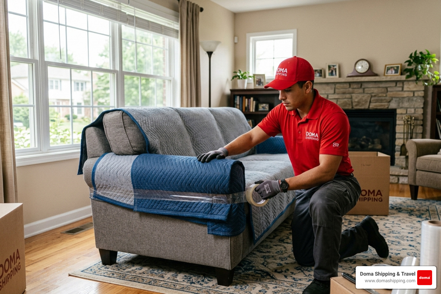 A Doma Shipping worker in a red uniform and cap carefully wrapping household furniture in a Chicago-area home - relocation A Doma Shipping worker in a red uniform and cap carefully wrapping household furniture in a Chicago-area home - relocation