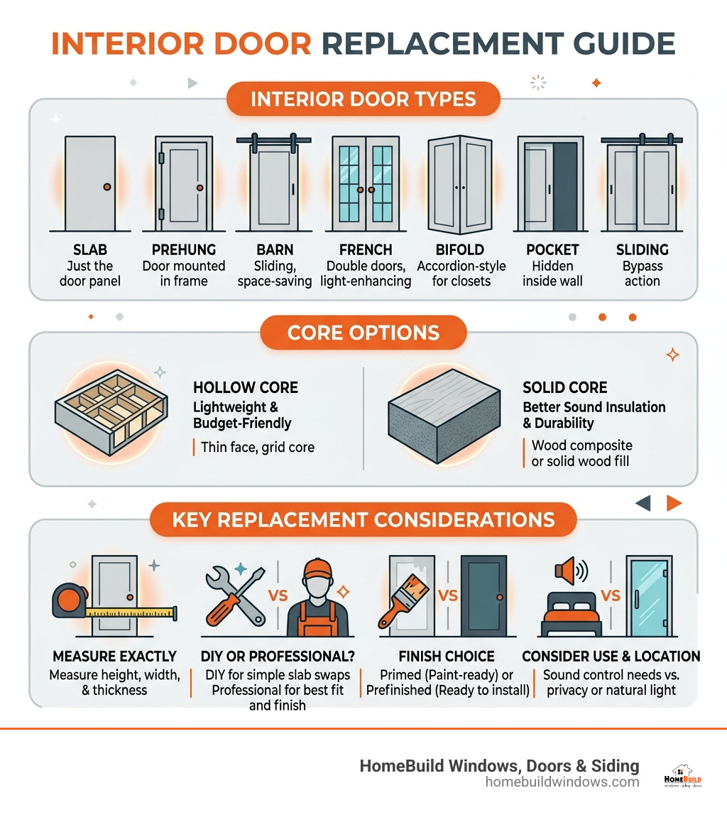 Infographic showing interior door types, core options, and key replacement considerations - interior door replacement