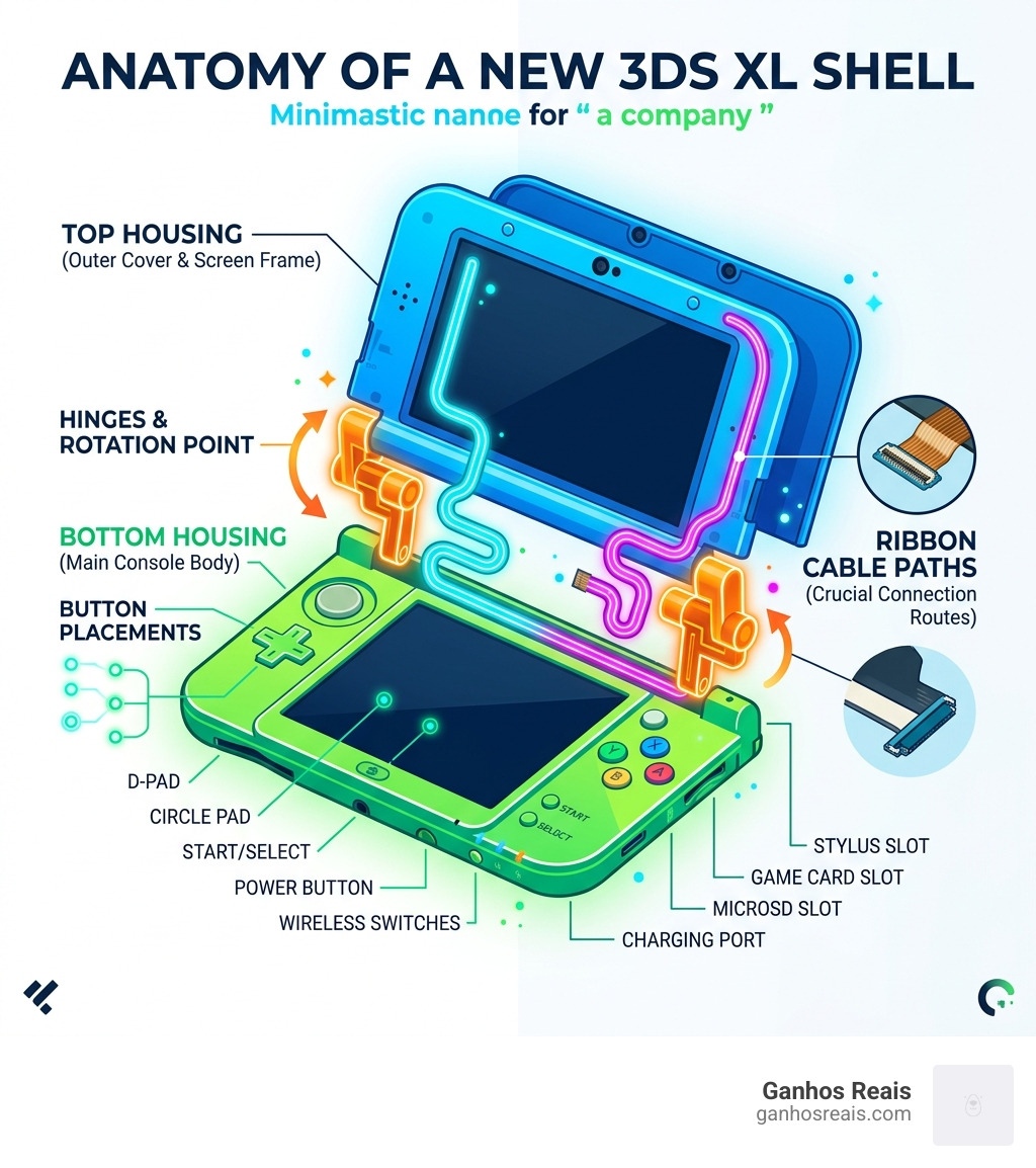 Anatomy of a New 3DS XL shell showing top housing, bottom housing, hinges, ribbon cable paths, and button placements - new
