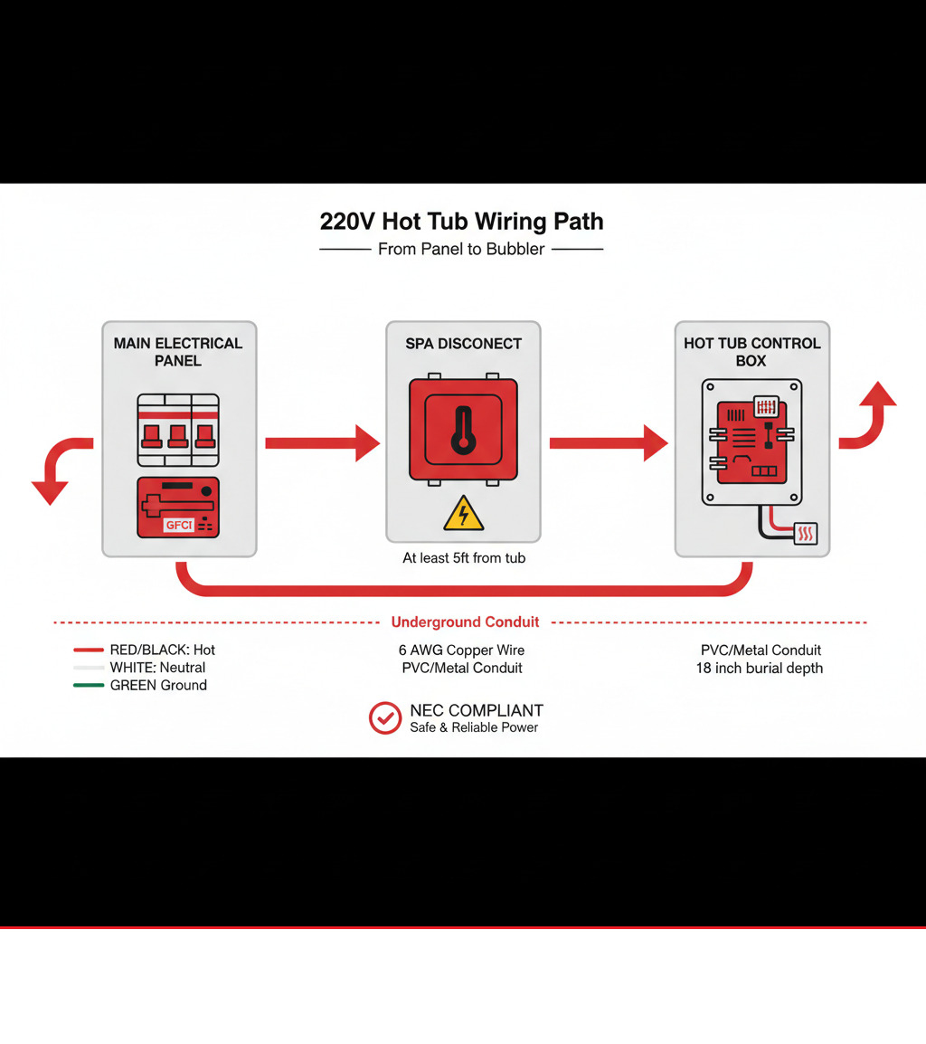 Infographic: wiring path from main electrical panel to spa disconnect to hot tub control box - 220 volt hot tub wiring Infographic: wiring path from main electrical panel to spa disconnect to hot tub control box - 220 volt hot tub wiring