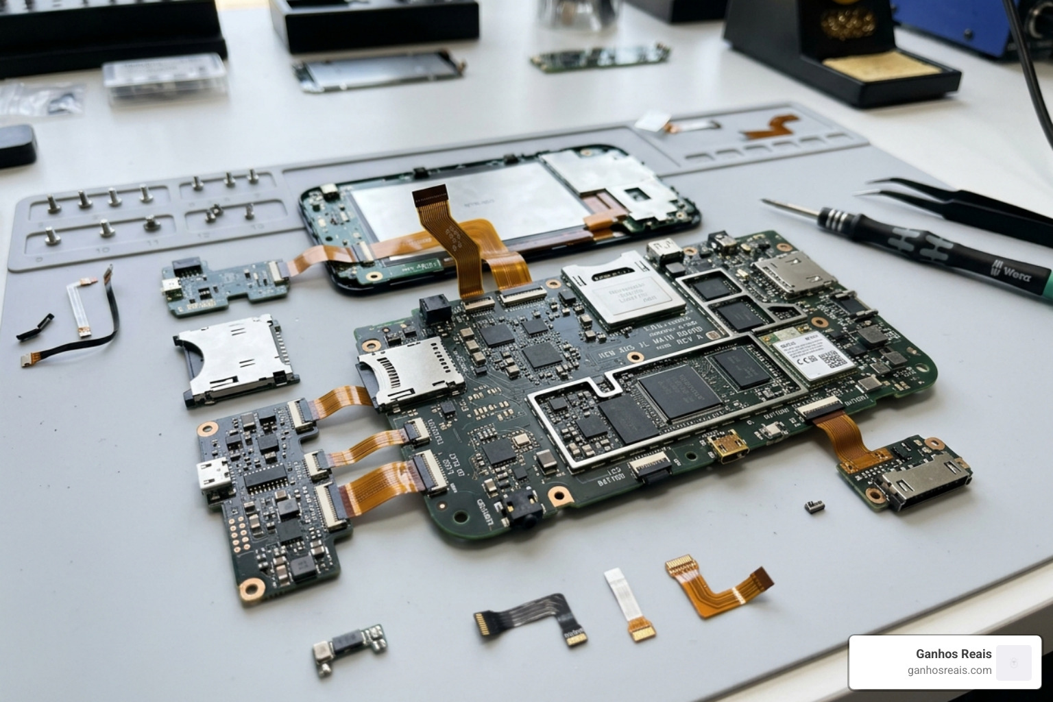Disassembled New 3DS XL motherboard showing the complexity of the internal layout and ribbon cable connections - new 3ds