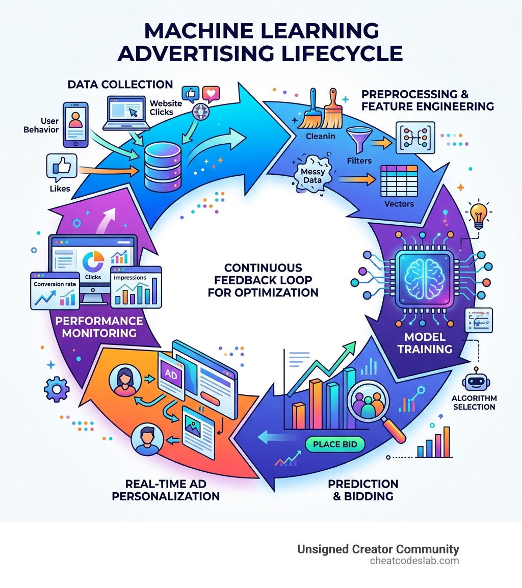 Infographic showing the machine learning advertising lifecycle from data collection to real-time optimization - machine