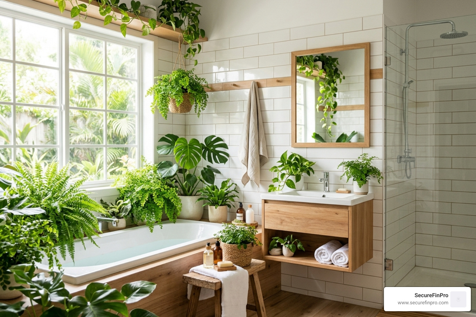 A spa-like bathroom with tropical greenery and natural light - indoor plants decor ideas
