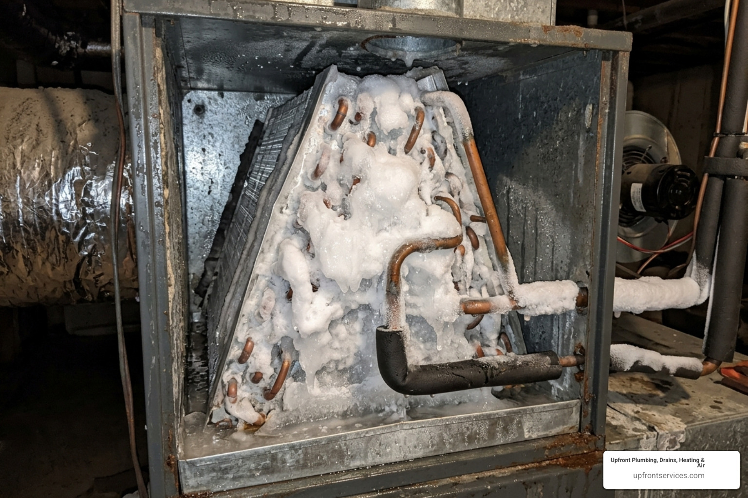 frozen air conditioning evaporator coil showing ice buildup - 24 hvac service near me