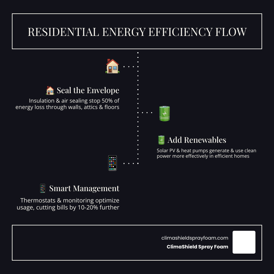 infographic showing flow of residential energy efficiency from insulation to renewables to smart management - Residential