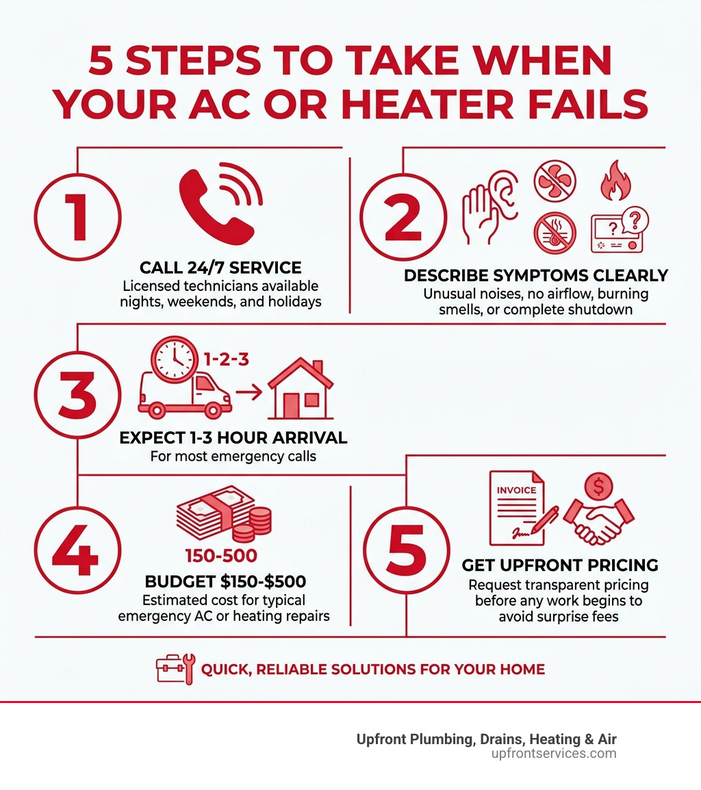 5 steps to take when your AC or heater fails: call 24/7 service, describe symptoms, expect 1-3 hour arrival, budget