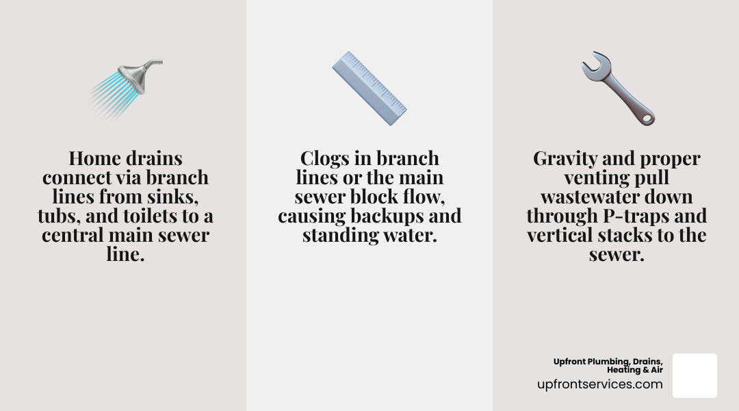 Anatomy of a home drainage system showing sink traps, branch lines, and the main sewer stack - clogged drain cleaning
