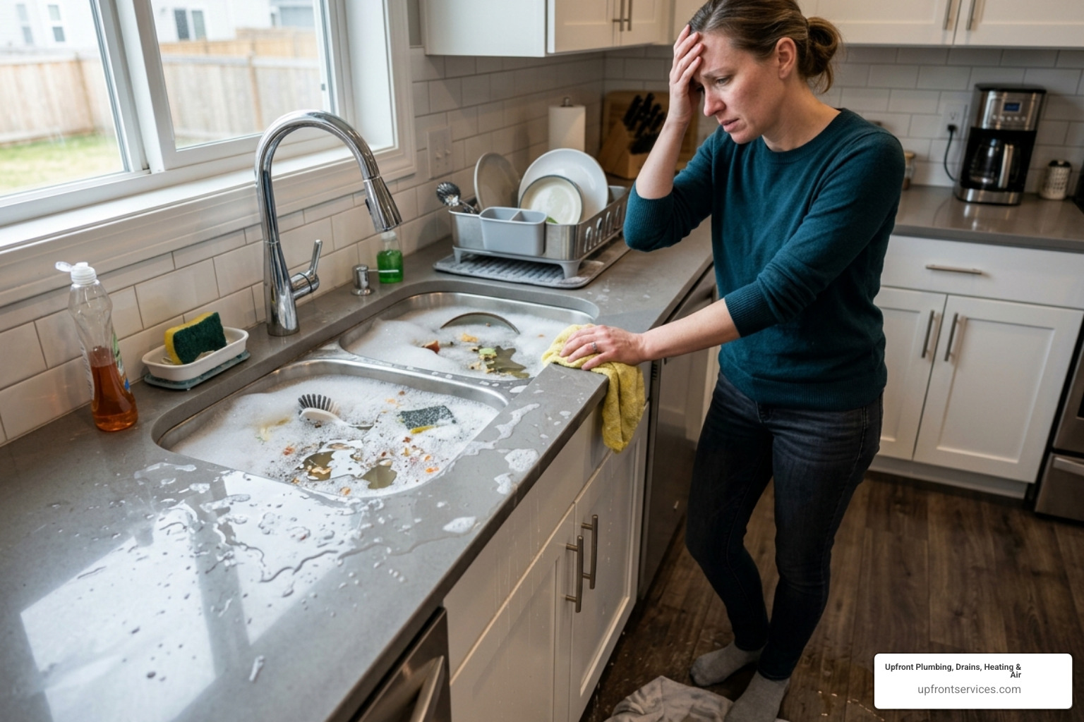 Water backing up in a kitchen sink with soap suds - clogged drain cleaning service