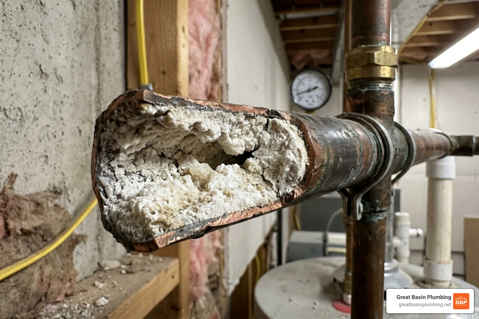 Hard water mineral buildup inside a Sandy Utah residential pipe - drain cleaning Sandy Utah