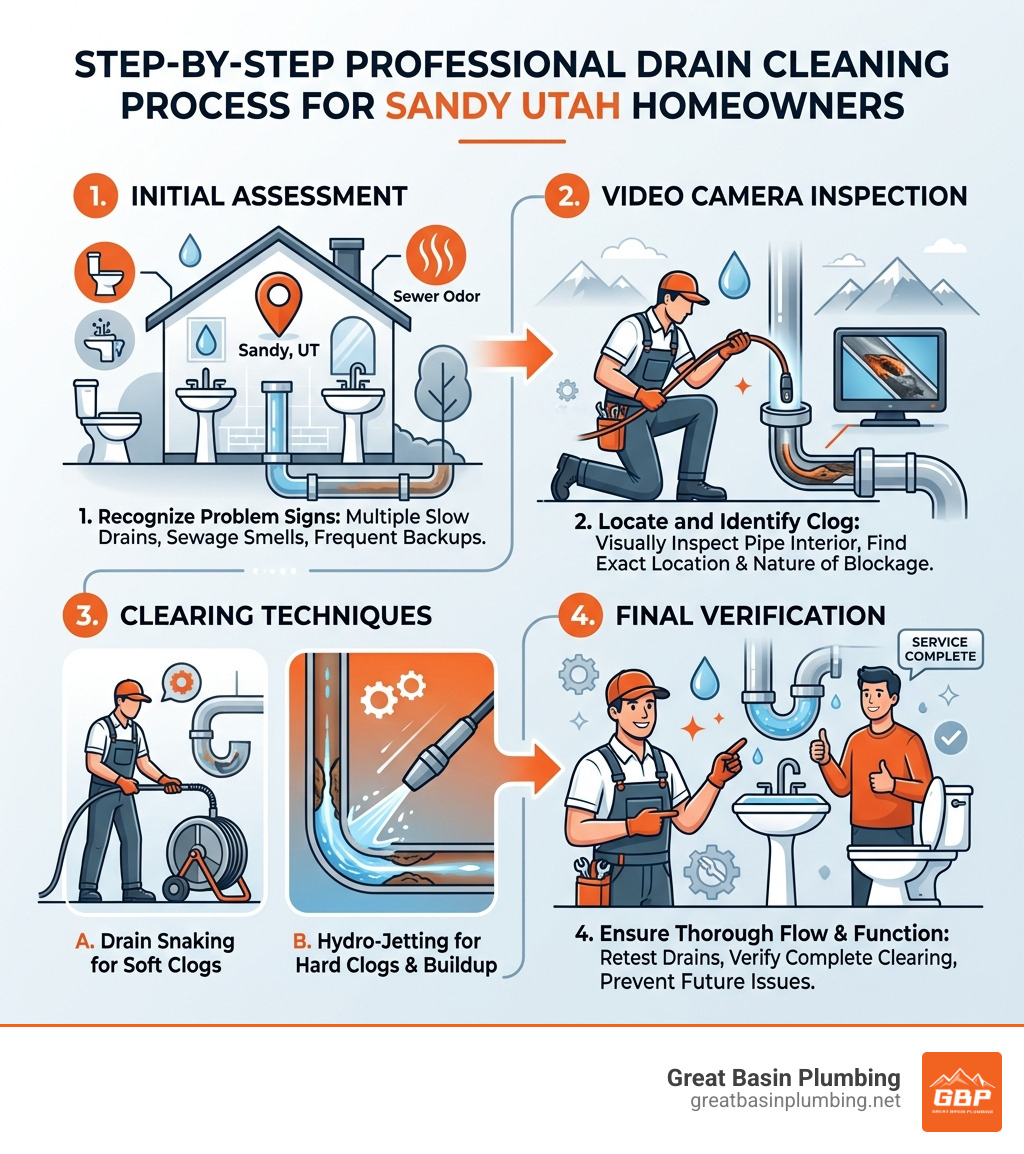 Step-by-step professional drain cleaning process infographic for Sandy Utah homeowners - drain cleaning Sandy Utah