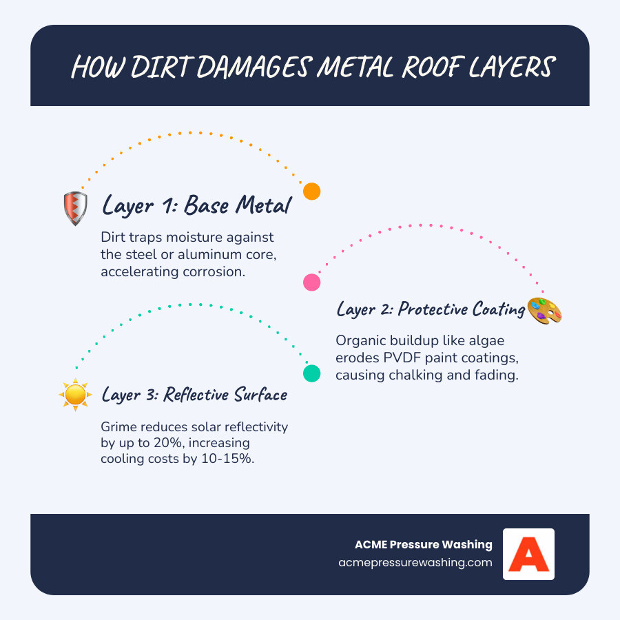Infographic showing metal roof layers, how dirt accumulates, and how it affects UV reflectivity and roof lifespan - metal