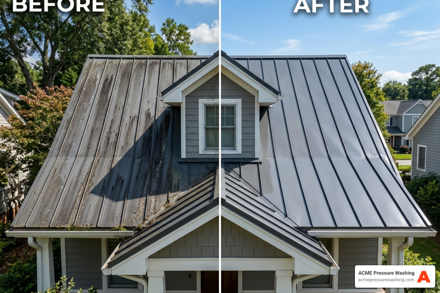 A split image comparing a dirty, oxidized metal roof with dark streaks to a bright, professionally cleaned metal roof