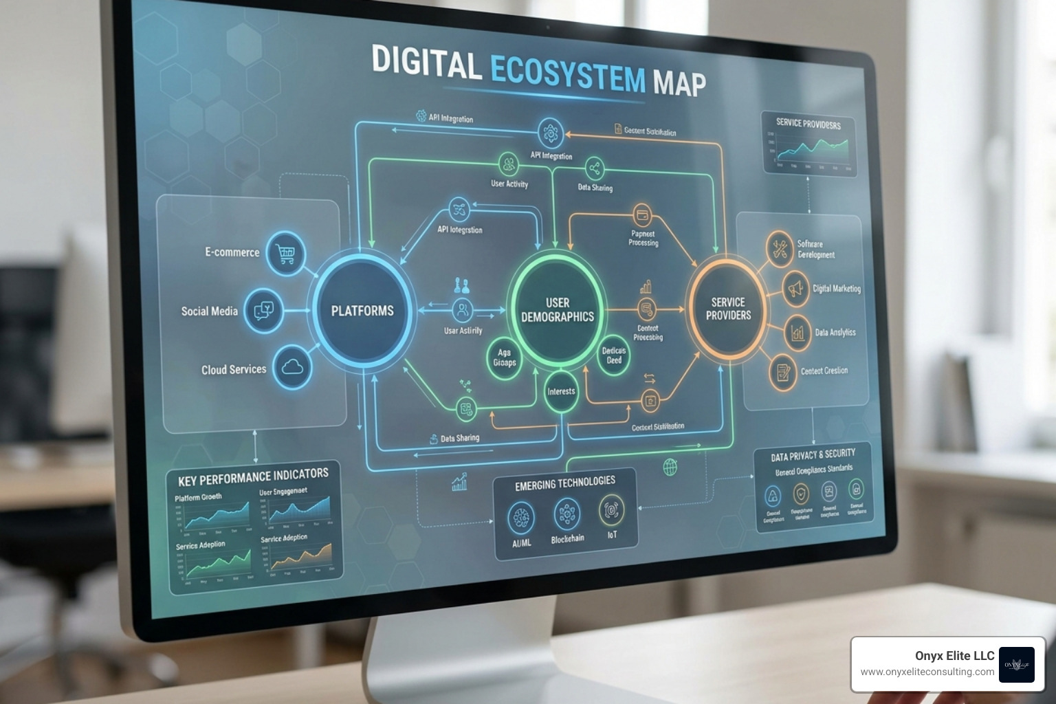 Digital ecosystem map showing the interconnectedness of platforms, users, and service providers - Business model innovation Digital ecosystem map showing the interconnectedness of platforms, users, and service providers - Business model innovation