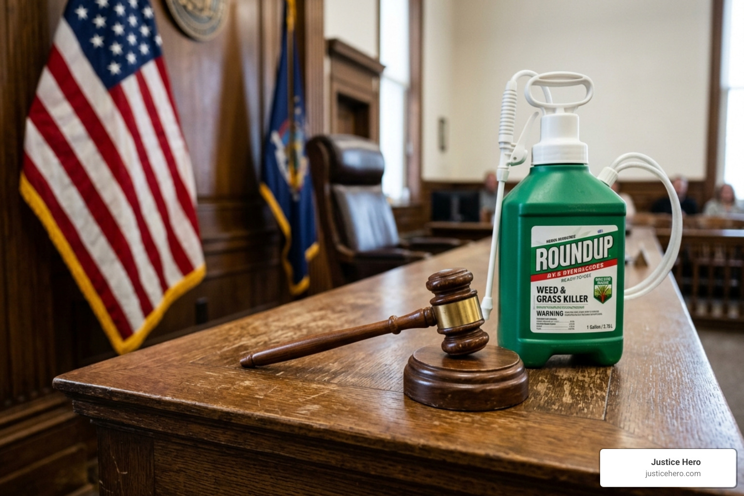 courtroom gavel and herbicide container - paraquat legal action