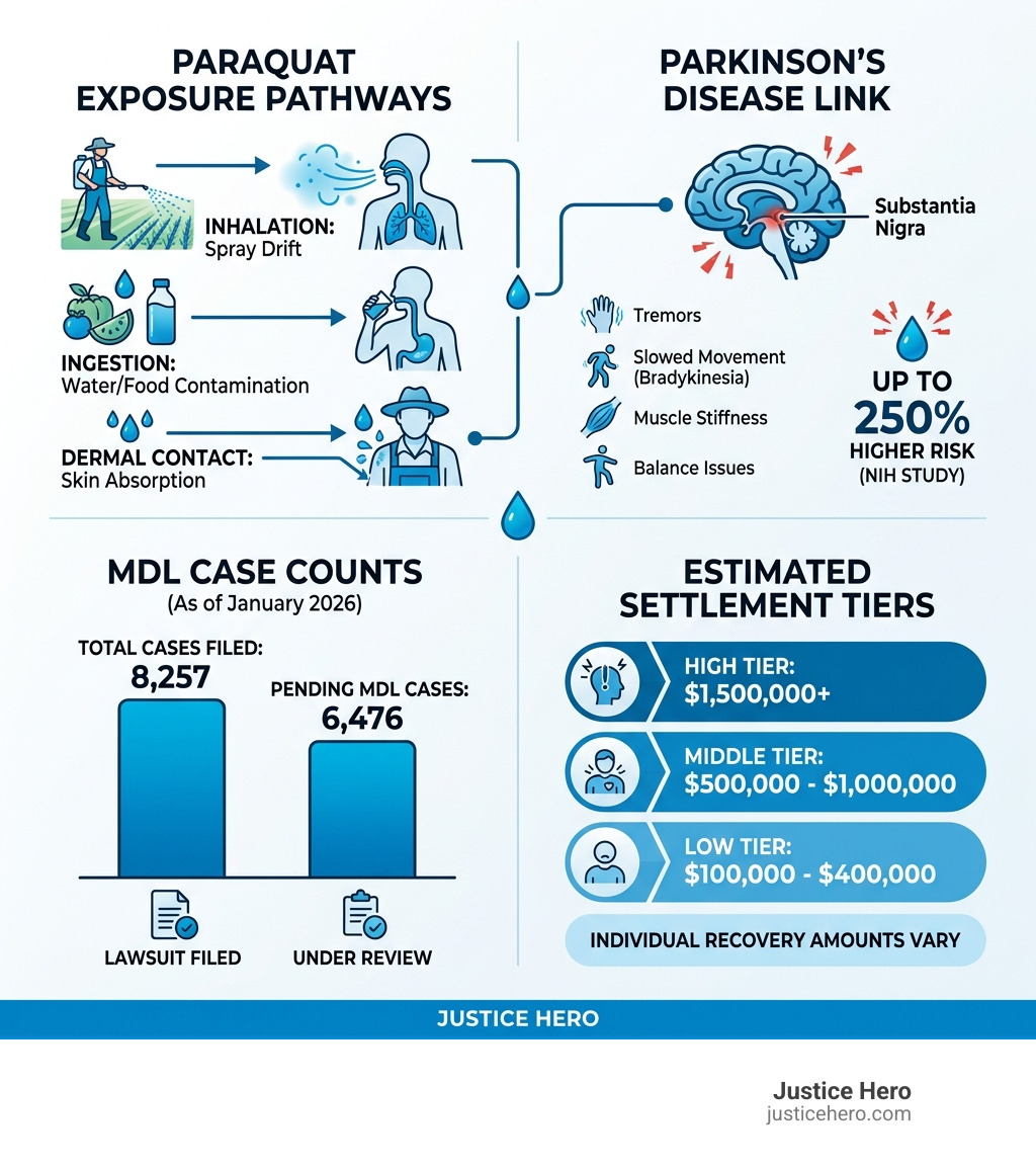 Infographic showing paraquat exposure pathways, Parkinson's disease link, MDL case counts, and estimated settlement tiers