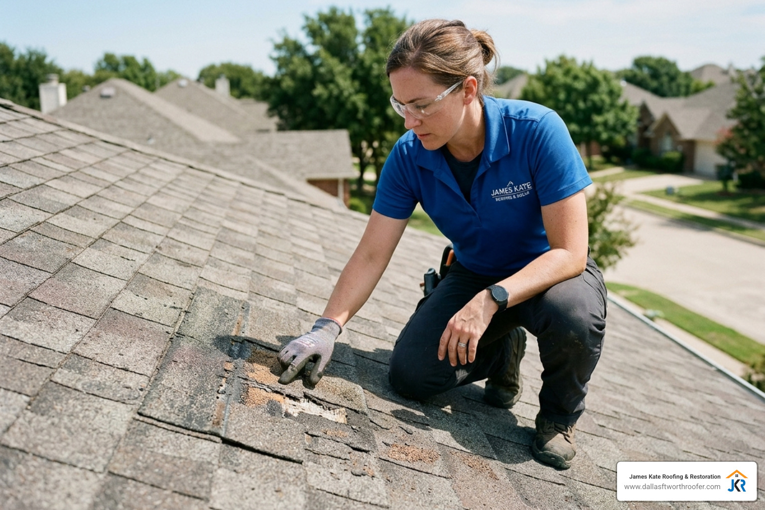 Roofing professional in royal blue James Kate shirt inspecting asphalt shingles for granule loss - Roof maintenance services Roofing professional in royal blue James Kate shirt inspecting asphalt shingles for granule loss - Roof maintenance services