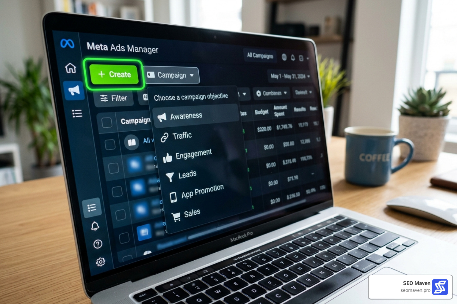 Selecting the Create button and campaign objectives in Meta Ads Manager - meta ad manager instagram