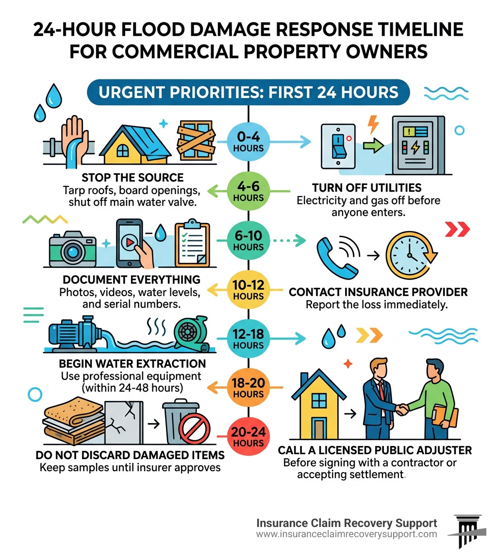 24-hour flood damage response timeline for commercial property owners infographic - flood damage infographic 24-hour flood damage response timeline for commercial property owners infographic - flood damage infographic