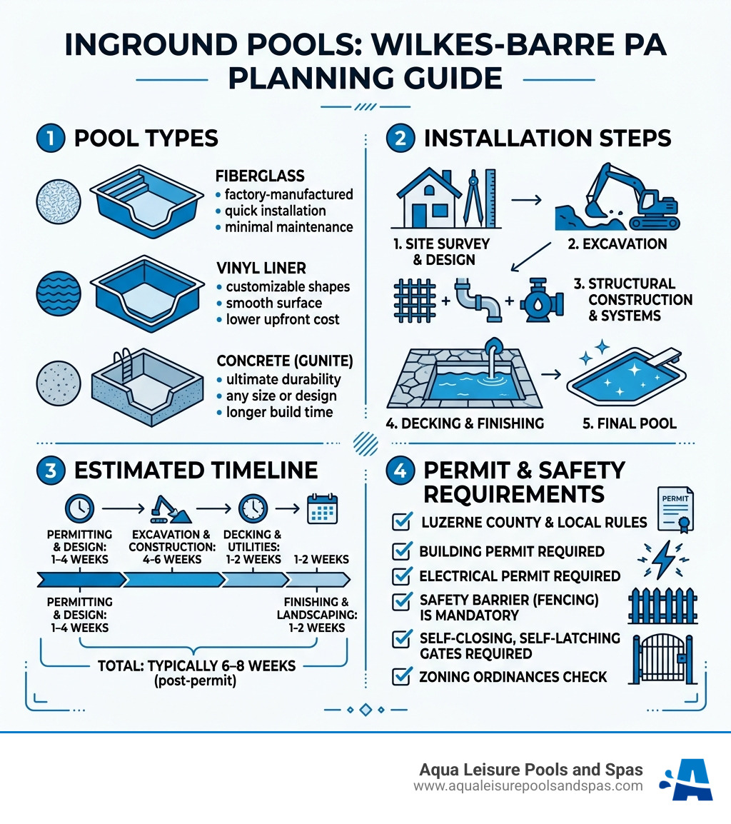 Infographic showing inground pool types, installation steps, timeline, and permit requirements for Wilkes-Barre PA