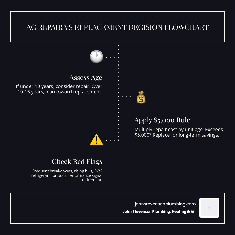 Repair vs replacement decision flowchart showing key factors: age, repair cost percentage, refrigerant type, and breakdown Repair vs replacement decision flowchart showing key factors: age, repair cost percentage, refrigerant type, and breakdown