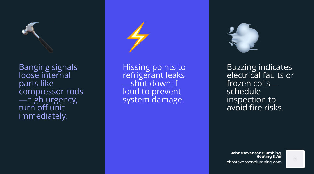 infographic showing common AC noise types, their causes, and urgency levels for homeowners - ac making strange noises what infographic showing common AC noise types, their causes, and urgency levels for homeowners - ac making strange noises what