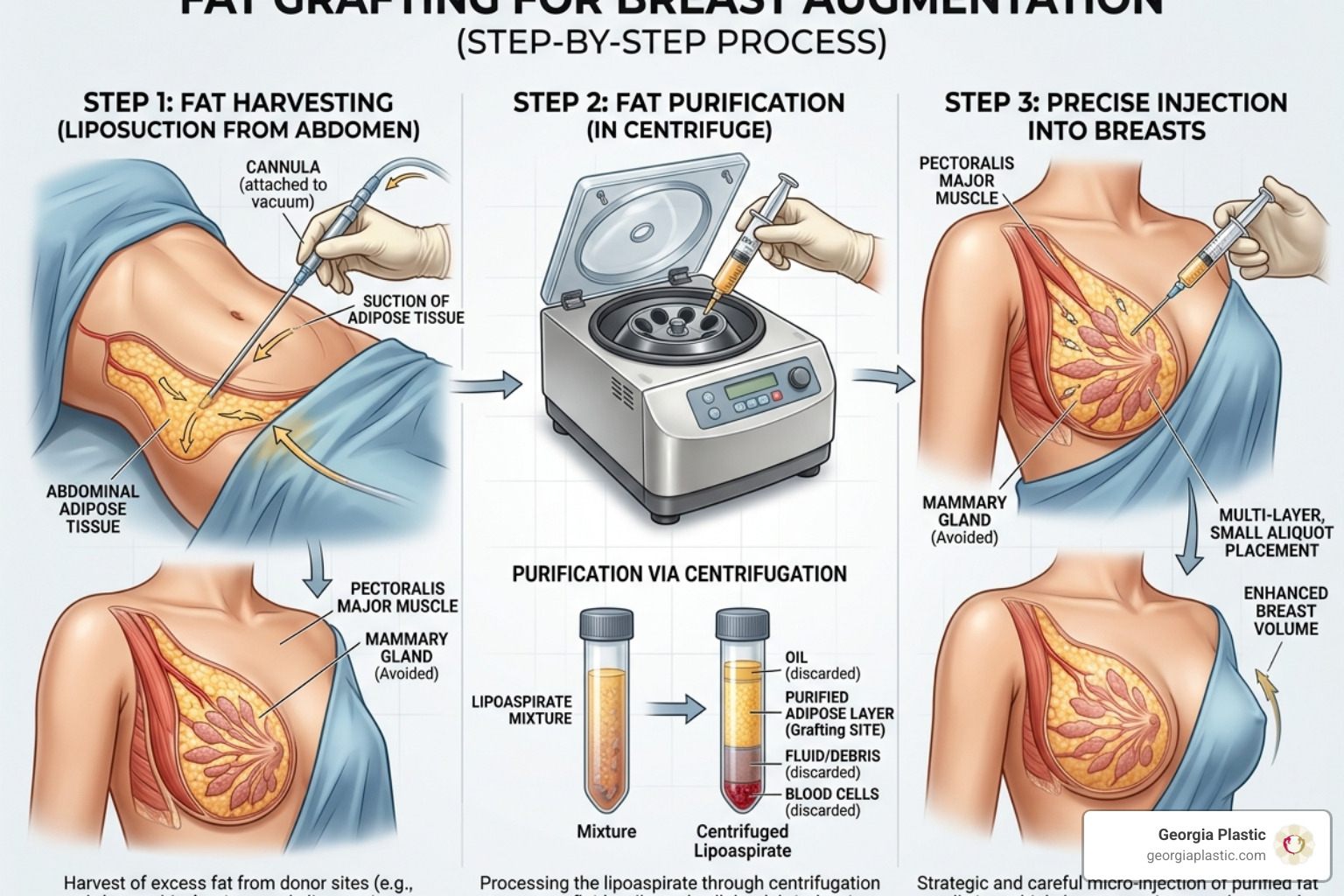 Illustrating the fat grafting process from harvest to injection - atlanta breast fat transfer procedure Illustrating the fat grafting process from harvest to injection - atlanta breast fat transfer procedure