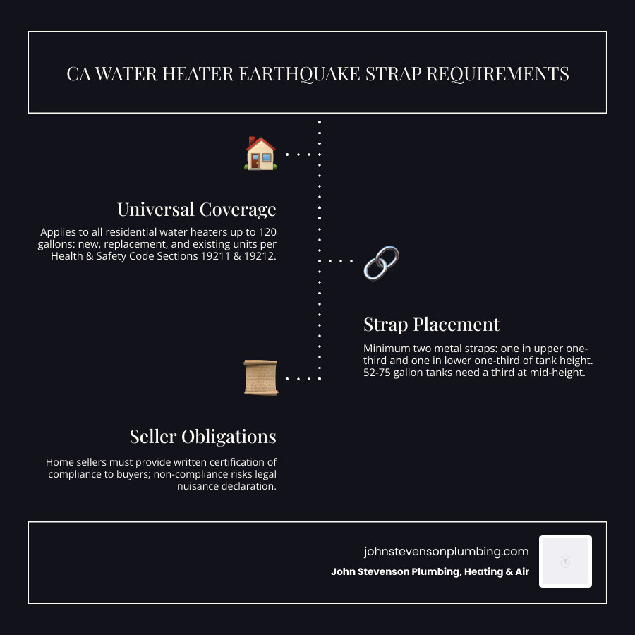 California water heater seismic strapping requirements infographic with strap positions, capacity rules, and seller