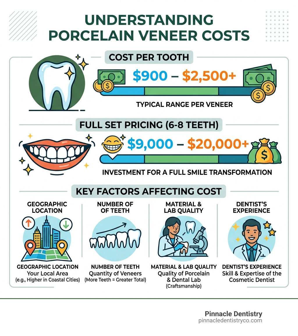 Infographic showing porcelain veneer cost ranges per tooth, full set pricing, and key factors that affect cost - what is the