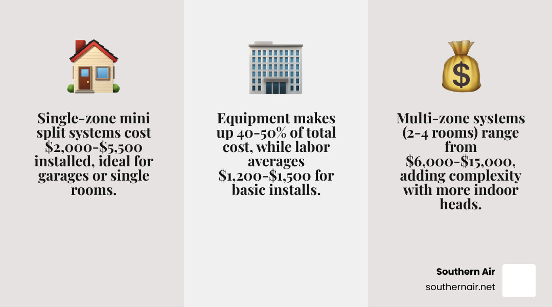 infographic showing mini split cost breakdown by zone type and key cost factors - cost of installing a mini split system infographic showing mini split cost breakdown by zone type and key cost factors - cost of installing a mini split system