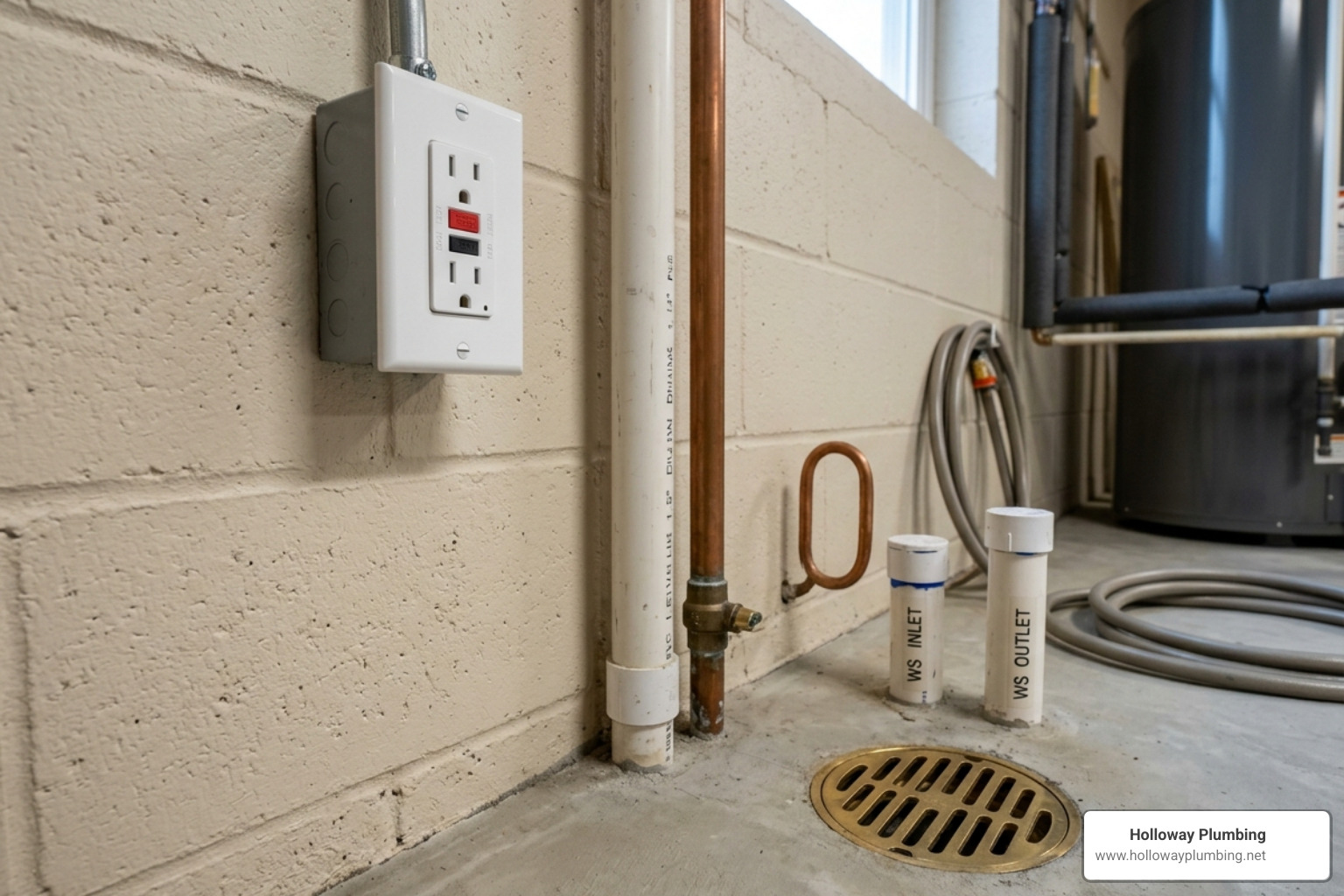 Close up of a 120V GFCI outlet and a nearby floor drain prepared for a water softener installation - best place to install Close up of a 120V GFCI outlet and a nearby floor drain prepared for a water softener installation - best place to install