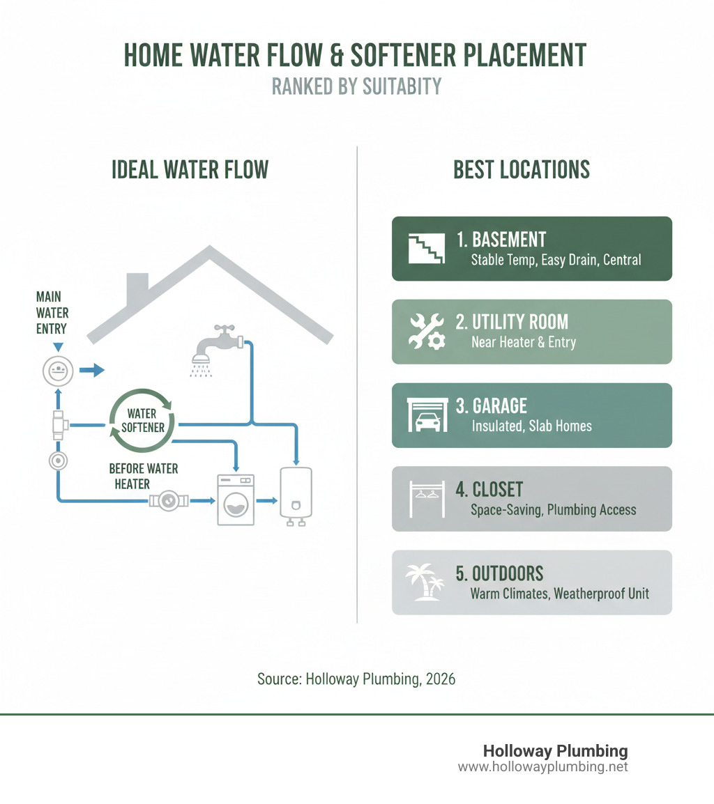 Infographic showing ideal home water flow and water softener placement locations ranked by suitability - best place to Infographic showing ideal home water flow and water softener placement locations ranked by suitability - best place to
