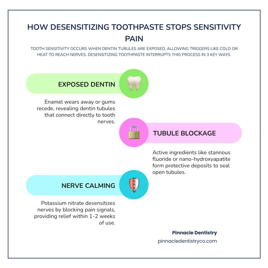 Infographic showing anatomy of a sensitive tooth, exposed dentin tubules, and how desensitizing toothpaste blocks nerve