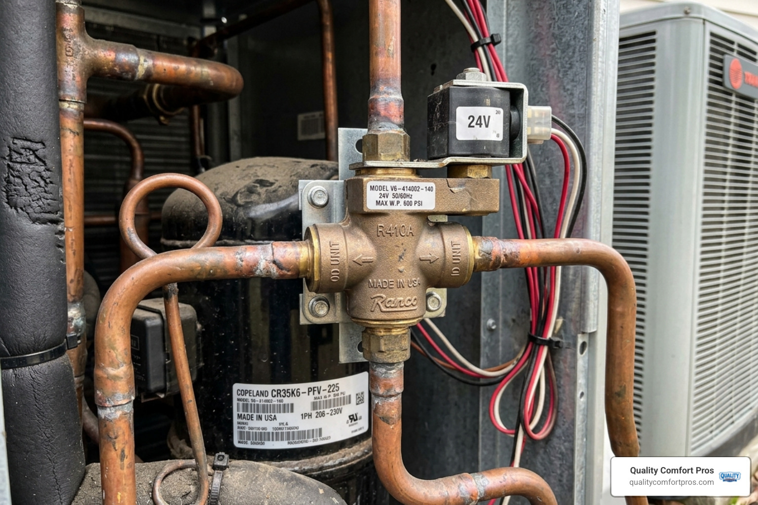 close up of an HVAC reversing valve component inside a heat pump unit - difference between heat pump and ac unit